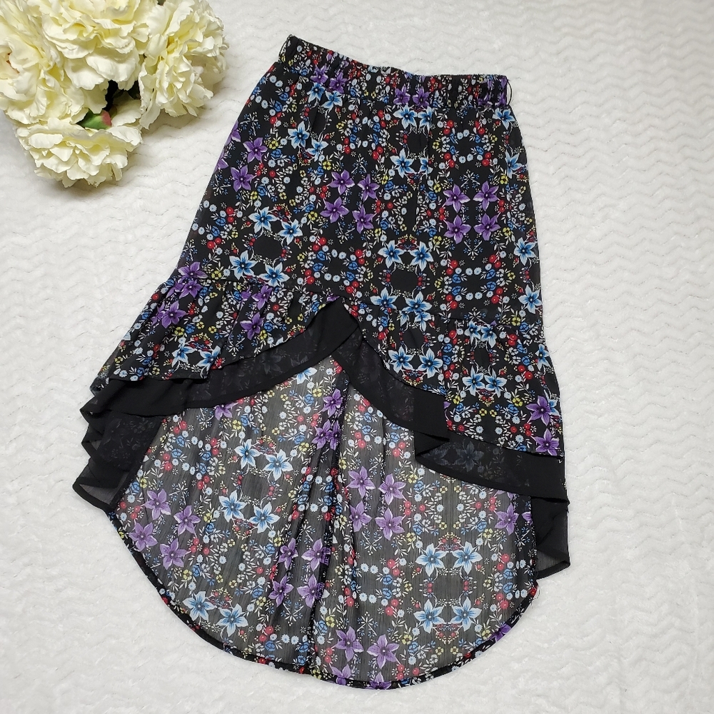 Disney Signed Sz XS Junior Floral Print Knee Length Hi-Lo Peasant skirt Boho